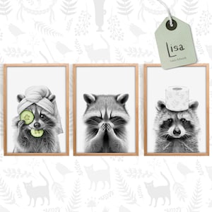 Set of 3 Adorable Raccoon Bathroom Prints - Printable Wall Art, bathroom art, bathroom wall decor