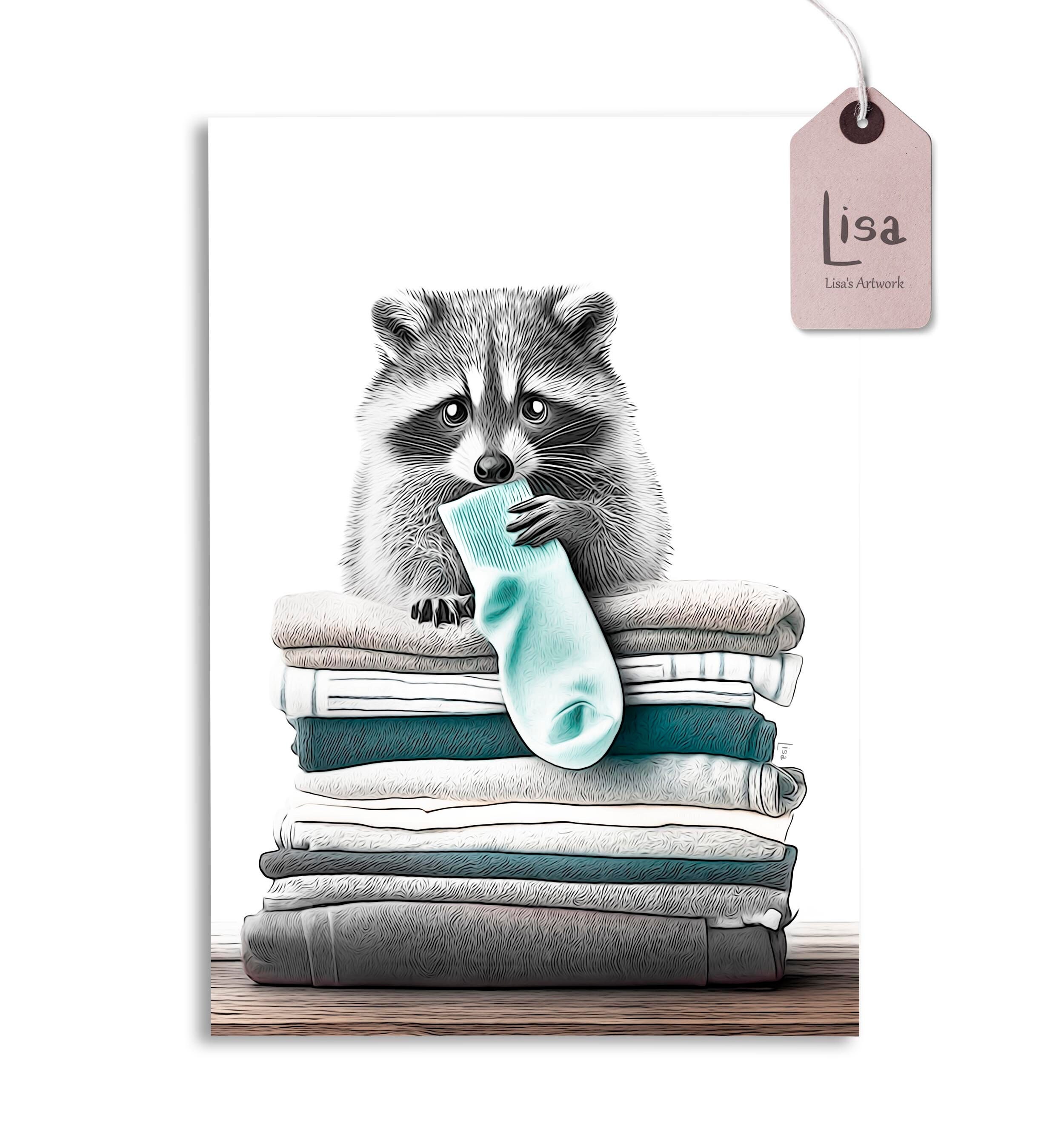 Raccoon Laundry Room Decor - Printable Wall Art of Cute Raccoon with Folded Laundry / wall decor, laundry room art, laundry room decor