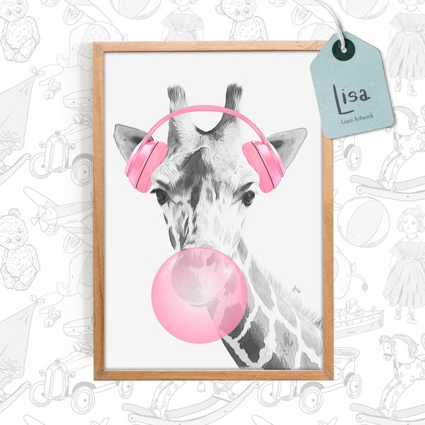 bubble gum, giraffe, headphones, wall art, nursery decor, digital download, bubble gum art, printable wall art, black and white, Chewing Gum