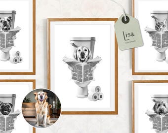Custom Pet Portrait, Dog on Toilet Reading Newspaper, Funny Bathroom Art, Personalized Pet Gift, Digital Download