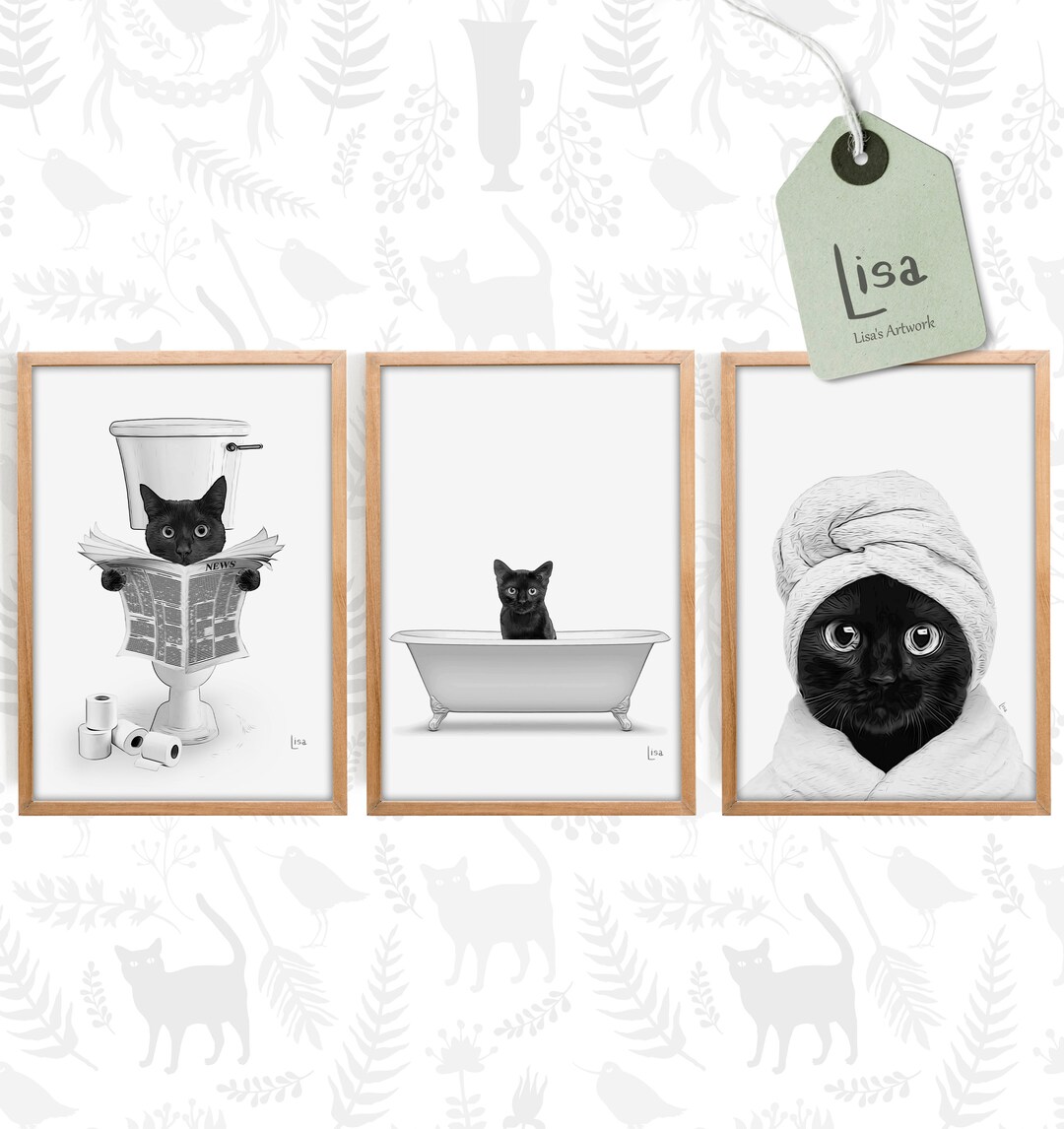Whimsical Set of 3 Printable Black Cat Wall Art Perfect Bathroom Decor ...