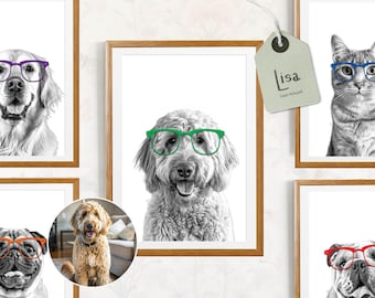 Personalized Pet Portrait Print with Glasses (Digital Download)