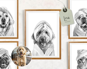 drawing from photo, bathroom art, christmas gift, custom portrait, portrait from photo, pet portrait, personalized gifts, bathrobe, towel