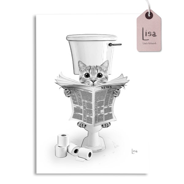 bathroom art, cat print, cat art print, bathroom wall art, bathroom kids art, bathroom decor, bathroom wall decor, animal art, toilet