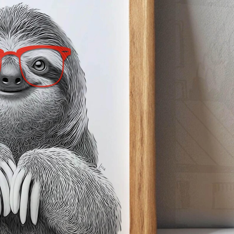 May include: A black and white illustration of a sloth wearing red glasses. The sloth is sitting with its arms crossed and has a relaxed expression.