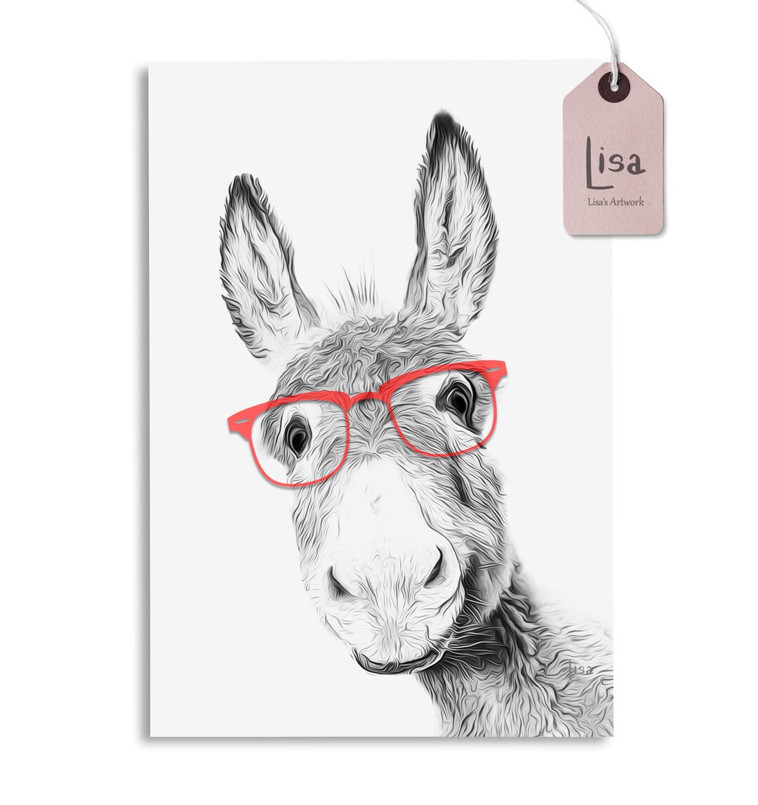 Animal With Glasses, Red Glasses, Donkey Printable, Donkey Illustration