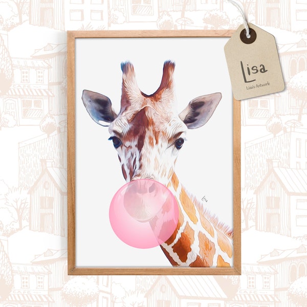 Kaugummi, Giraffe, druckbare Kunst, Wandkunst, Kinderbild, digitaler Download, Kaugummi, Kaugummi