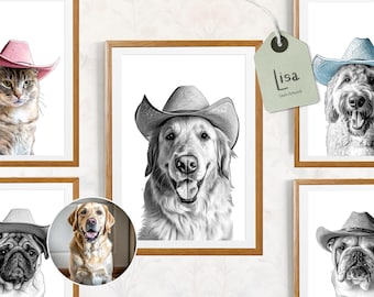 Custom Cowboy Pet Portrait, Western Dog or Cat Art (Digital Download)