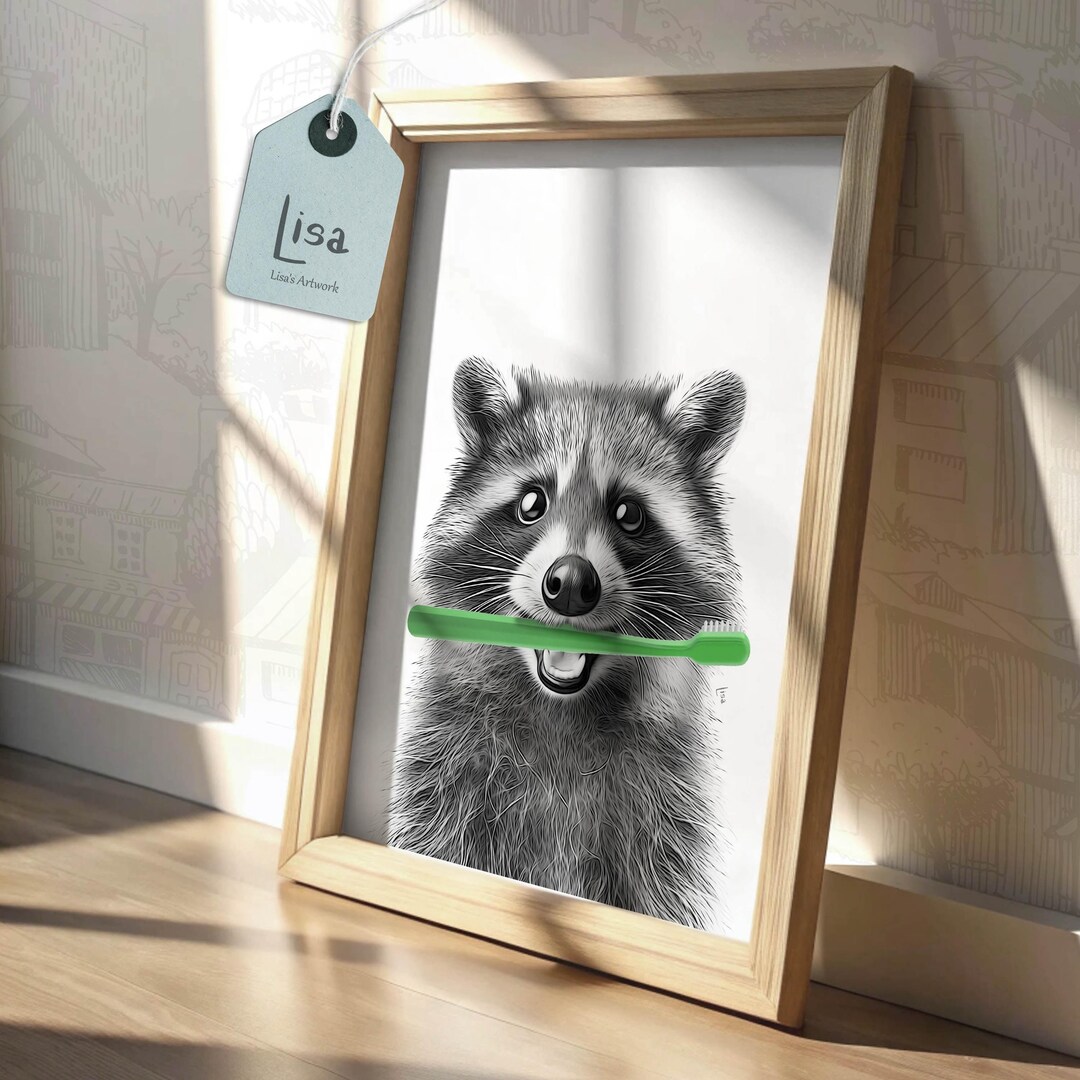Adorable Raccoon Bathroom Wall Art for Kids | Toothbrush Time Bathroom ...