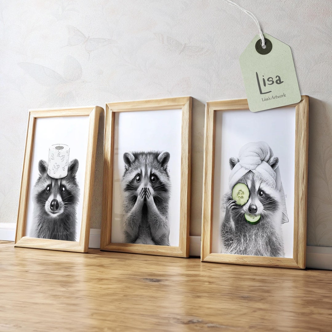 Set of 3 Raccoon Bathroom Prints, Whimsical Animal Wall Art, Kids ...