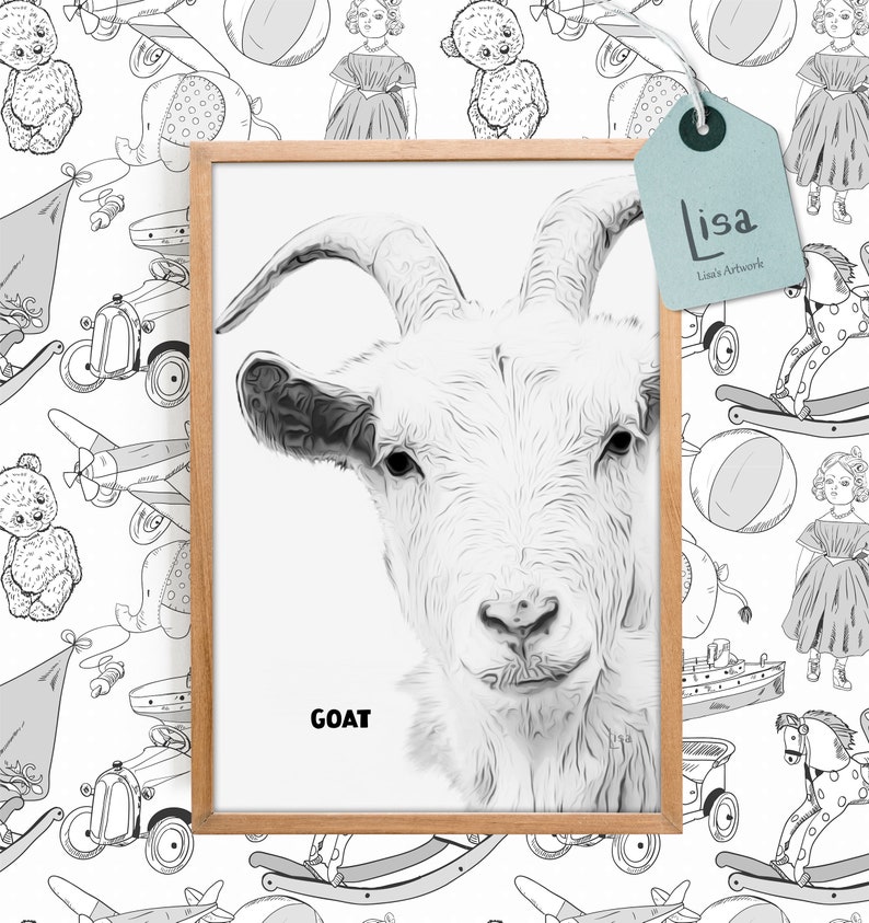 Farm animal prints goat art goat print black and white Etsy