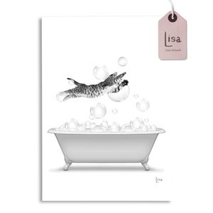 bathroom art cat print, printable wall art, bathroom decor, bathroom wall decor, black and white art, wall art decor, wall decor, bubble