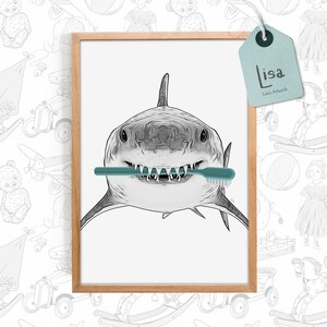 arte del baño, cepillarse los dientes, tiburón, arte de la pared del baño, arte del baño para niños, decoración de la pared del baño, cepillo de dientes