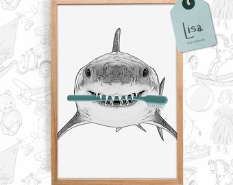 bathroom art, brushing teeth, shark, bathroom wall art, bathroom kids art, bathroom wall decor, toothbrush