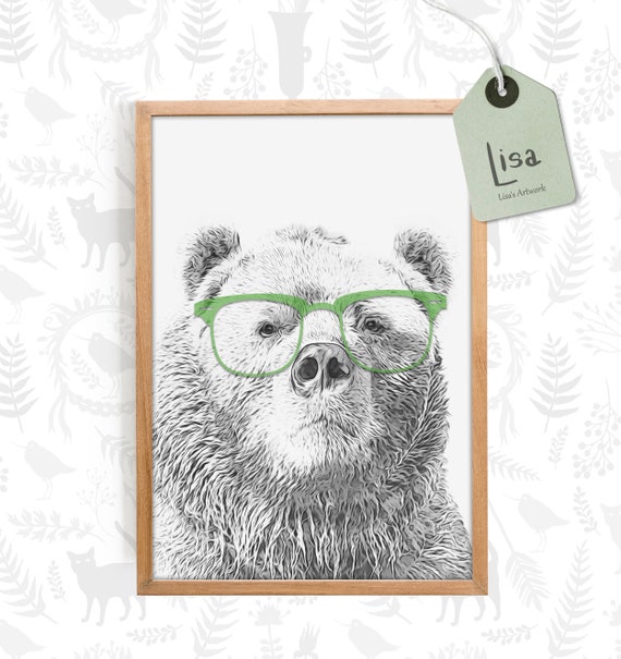 Bear art animal with glasses black and white animal art | Etsy