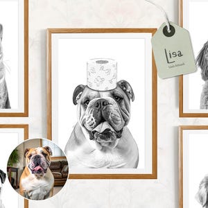 May include: Set of five black and white illustrations of dogs and a cat wearing toilet paper hats. The illustrations are framed in wood frames. The frames are on a white background. The text "Lisa" is on a white tag.