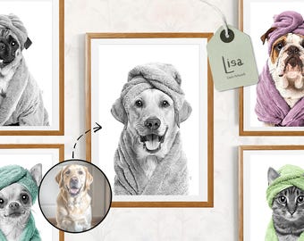 May include: A collection of five framed wall art prints featuring a pug, a bulldog, a chihuahua, a cat, and a golden retriever, each wearing a towel wrap on their head and body. A circular inset shows the original golden retriever photo.