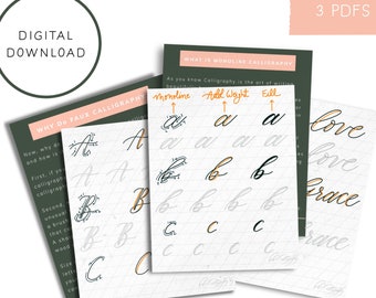 Puede incluir: Tres hojas de trabajo PDF imprimibles para aprender caligrafía falsa. La primera hoja de trabajo explica la diferencia entre la caligrafía monoline, el peso añadido y el relleno. La segunda hoja de trabajo muestra cómo escribir las letras A, B y C en caligrafía falsa. La tercera hoja de trabajo muestra las palabras "love" y "grace" escritas en caligrafía falsa.
