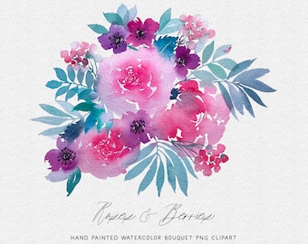 Roses, Anemones and Berries; Dark Pink, Red and Purple Watercolor Floral Bouquet PNG Clipart | Hand painted loose watercolor flowers bouquet
