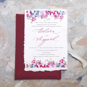 Invito di nozze personalizzato con fiori ad acquerello, inviti di nozze personalizzati con acquerello e calligrafia su carta di cotone fatta a mano