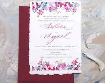 Custom Watercolor Florals Wedding Invitation, Personalised Watercolor and Calligraphy Wedding Invites on Handmade Cotton Paper