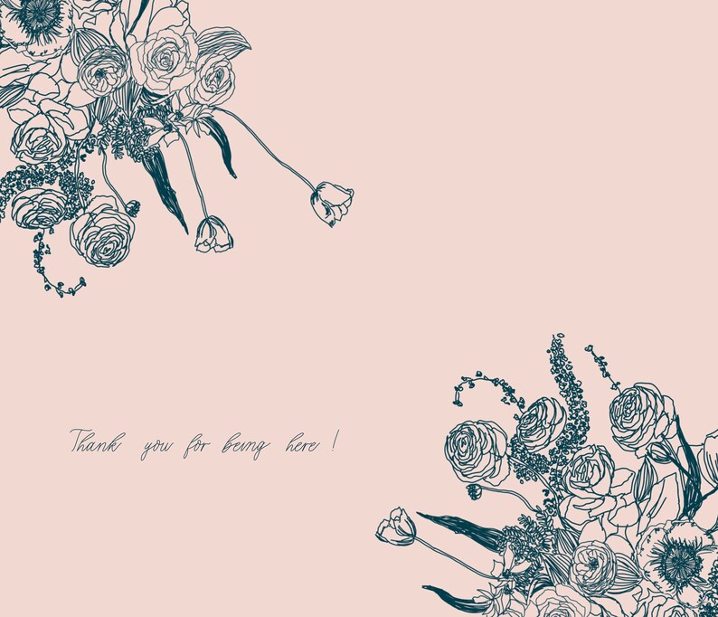 Puede incluir: Un fondo rosa claro con un dise&ntilde;o floral en tinta azul oscuro. Las flores est&aacute;n dispuestas en dos grupos, uno en cada esquina de la imagen. El texto "&iexcl;Gracias por estar aqu&iacute;!" est&aacute; escrito en cursiva en el centro de la imagen.