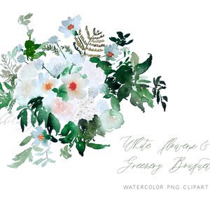 White Florals and Greenery Watercolor Bouquet Clipart | Watercolor Flower Bouquet PNG | White and Green Watercolor Florals Clip Art