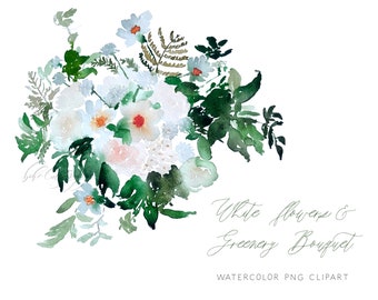 White Florals and Greenery Watercolor Bouquet Clipart | Watercolor Flower Bouquet PNG | White and Green Watercolor Florals Clip Art