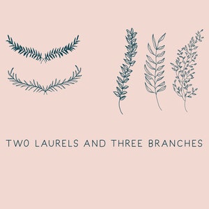 Puede incluir: Dos coronas de laurel en blanco y negro y tres ramas en blanco y negro. El texto "TWO LAURELS AND THREE BRANCHES" est&aacute; debajo de la imagen.