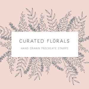Puede incluir: Una ilustraci&oacute;n digital de un borde floral con el texto "CURATED FLORALS HAND DRAWN PROCREATE STAMPS" en el centro.