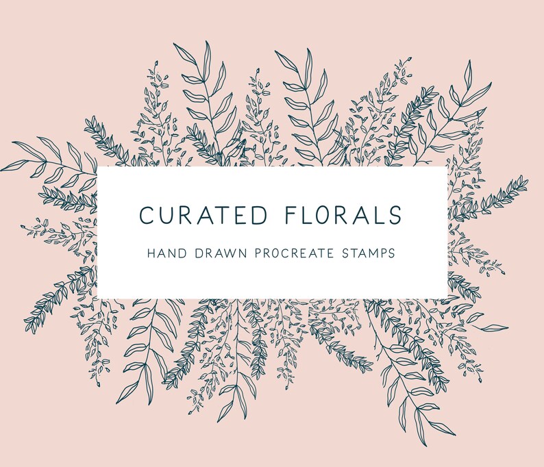 Puede incluir: Una ilustraci&oacute;n digital de un borde floral con el texto "CURATED FLORALS HAND DRAWN PROCREATE STAMPS" en el centro.