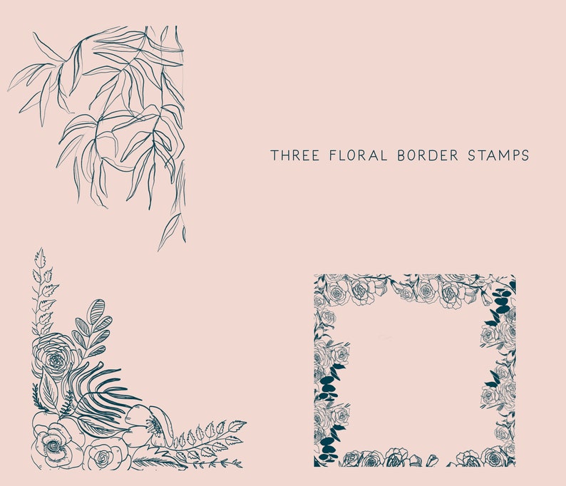 Puede incluir: Tres sellos de borde floral en contorno negro sobre un fondo rosa claro. Los sellos presentan una variedad de flores y hojas, incluyendo rosas, eucalipto y helechos. El texto "THREE FLORAL BORDER STAMPS" est&aacute; en la parte superior de la imagen.