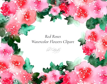 Watercolor Red Roses Clipart Collection | Watercolour Roses and Greenery Wreath PNG | Pink and Red Watercolour Florals Wedding Clip art