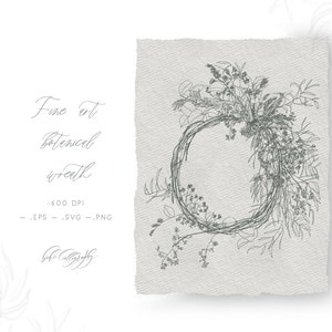 Fine art hand drawn botanical wreath illustration | Botanical Wreath Clipart | Delicate Floral Wreath PNG | Wreath Line art