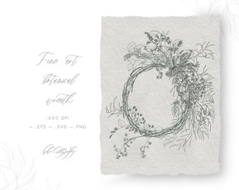 Fine art hand drawn botanical wreath illustration | Botanical Wreath Clipart | Delicate Floral Wreath PNG | Wreath Line art
