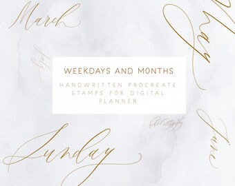 Week and Month Stamps for Procreate | Digital Planner Procreate Stamps | Handwritten days and Month Title Bujo Stamps for Procreate