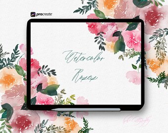 Hand painted Watercolor Roses Florals Procreate Stamp Brushes | Watercolour florals Procreate stamp brushes | Roses Procreate floral Stamps