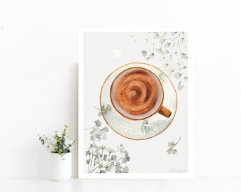 Aesthetic Cup of Coffee with flowers Art Print Digital Download, Ready to print artwork by BohoCalligraphy, Watercolor Coffee Artwork Print