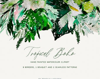 Hand Painted Tropical Boho Watercolor Bouquet Clip art | Premade Frames | Tropical Wedding Clip art | Tropical Seamless Patterns