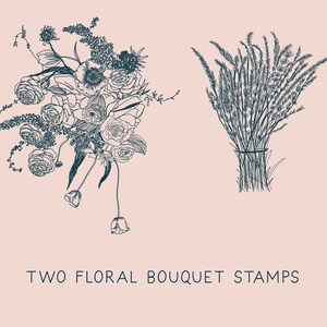 Puede incluir: Dos dibujos en blanco y negro de ramos de flores. El primer ramo es un grupo de rosas, tulipanes y otras flores. El segundo ramo es un manojo de trigo o hierba. El texto "TWO FLORAL BOUQUET STAMPS" est&aacute; debajo de las im&aacute;genes.
