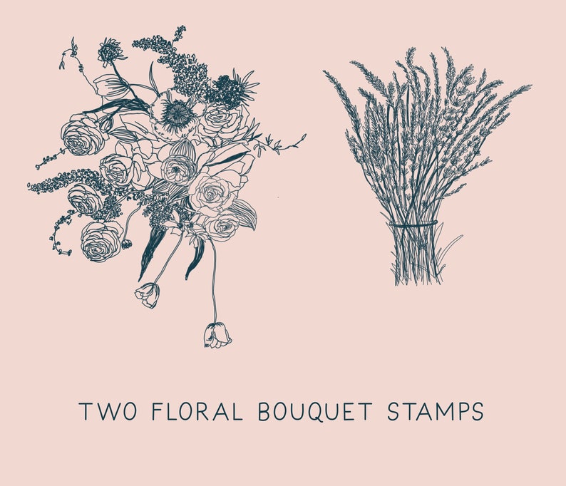 Puede incluir: Dos dibujos en blanco y negro de ramos de flores. El primer ramo es un grupo de rosas, tulipanes y otras flores. El segundo ramo es un manojo de trigo o hierba. El texto "TWO FLORAL BOUQUET STAMPS" est&aacute; debajo de las im&aacute;genes.
