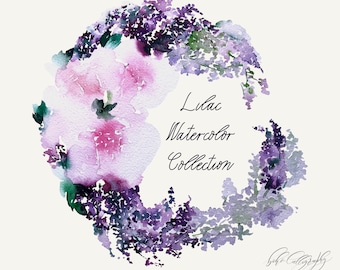 Watercolor Lilacs Clipart Collection | Watercolor roses and Lilac Wreath PNG | Pink and Purple Watercolor Florals Wedding Clip art