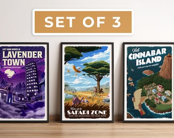 Set of 3: Pokemon Travel Posters -  Retro Vintage Illustration, PC Gamer, Best Gamer Gift, Nostalgic Artwork