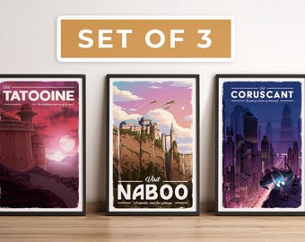Set of 3 Star Wars Travel Posters: Retro Illustration Movie Artwork
