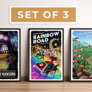 Set van 3: Super Mario-reisposters retro vintage illustratie, pc-gamer, beste gamercadeau, nostalgisch kunstwerk