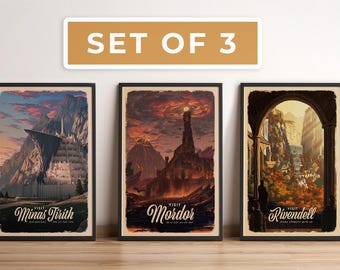 Set of 3 Lord of the Rings Travel Posters: Retro Illustration Fantasy Artwork