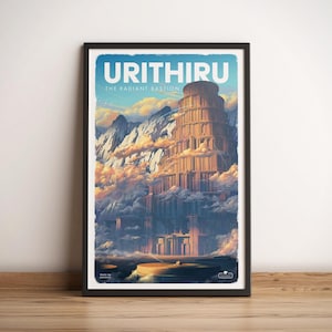 May include: Framed art print with a fantasy scene. The print shows a tall building labelled "URITHIRU" above "THE RADIANT BASTION". The artwork depicts mountains, clouds, and a large building.