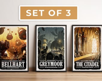 Set of 3: Silksong Travel Posters, Vintage Fantasy Video Game Art
