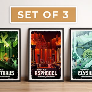Set van 3: Hades-reisposters: retro vintage illustratie, pc-gamer, beste gamercadeau, nostalgisch kunstwerk