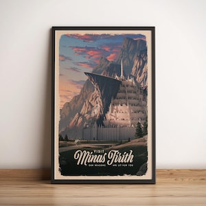 May include: Framed poster featuring a fantasy landscape with a towering white city nestled against a mountain range under a sunset sky. The poster reads "Visit Minas Tirith" with the tagline "Our Beacons Are Lit For You."
